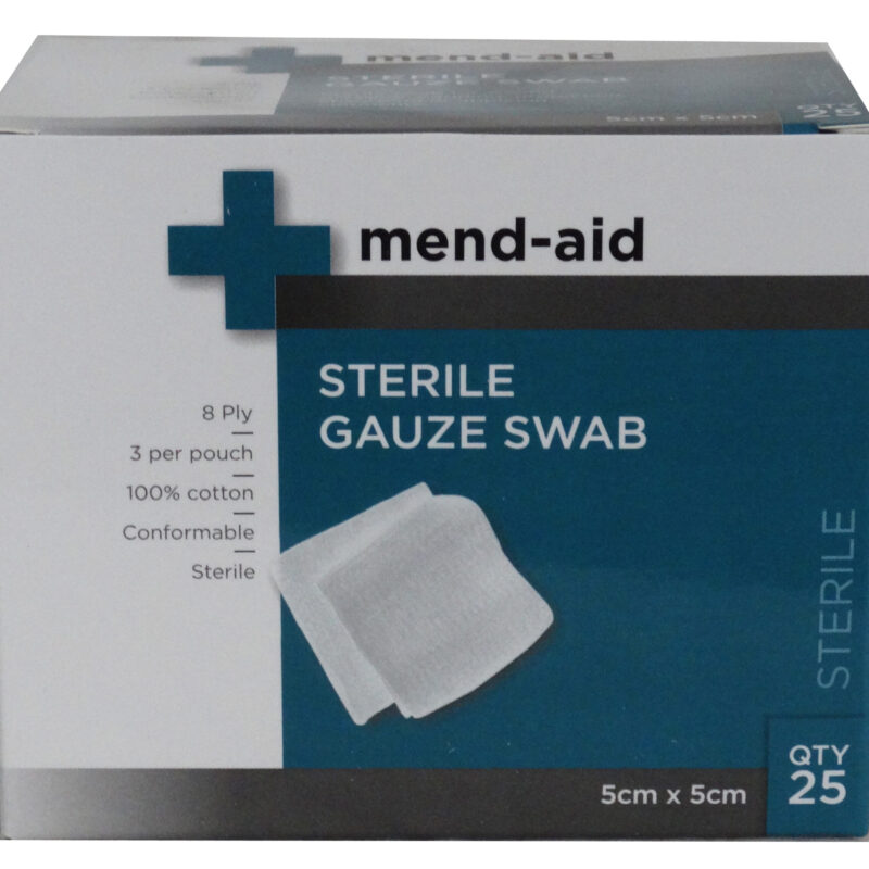 Gauze Swab - 8ply Sterile 5cm x 5cm - 3 Pcs - Box x 25 - Mend-Aid