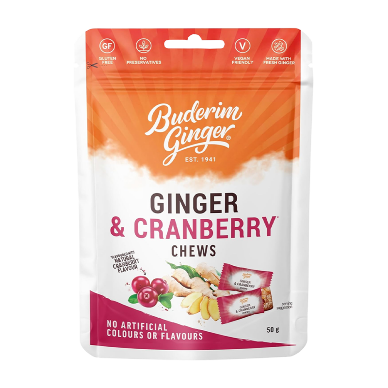Buderim - Ginger & Cranberry Chews - 50g - Box x 12