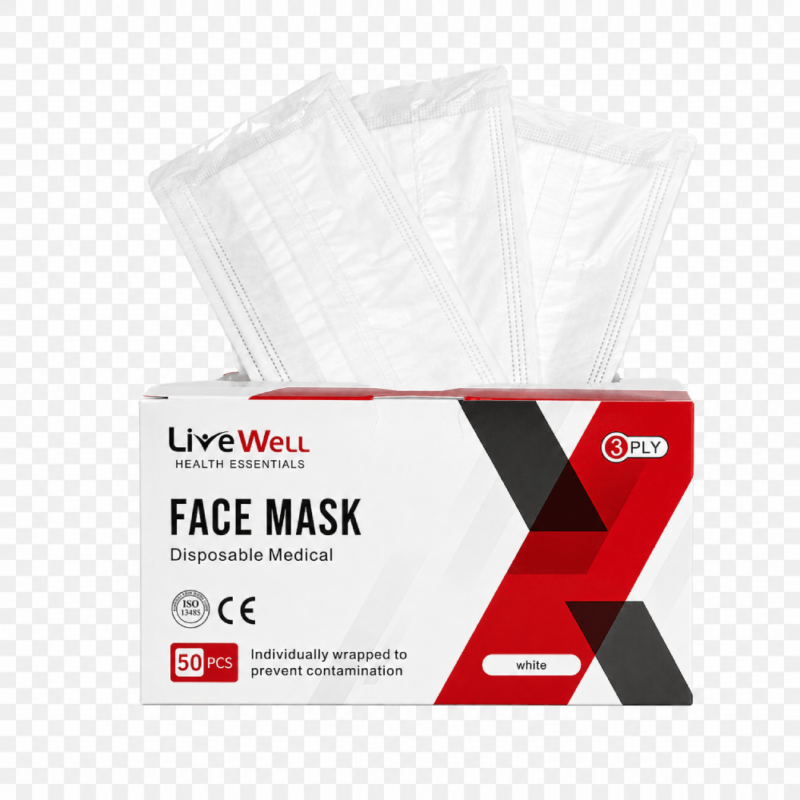 Live Well - Disposable Face Mask - White - Individually Wrapped - Bx x50