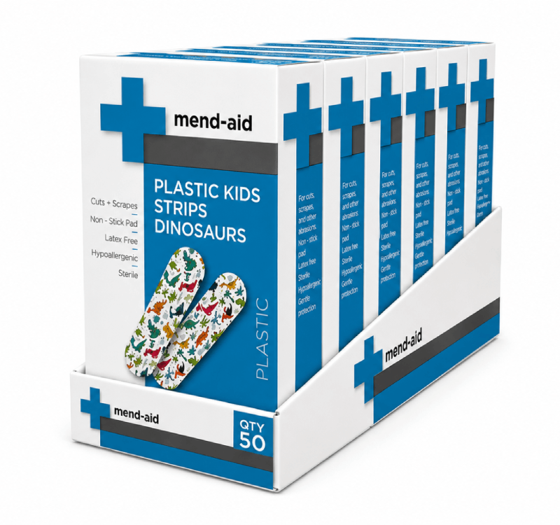 Plastic Kids Dinosaur Strips - 55mm x 18mm - 50 Pieces - [Display x 6] - Mend-Aid