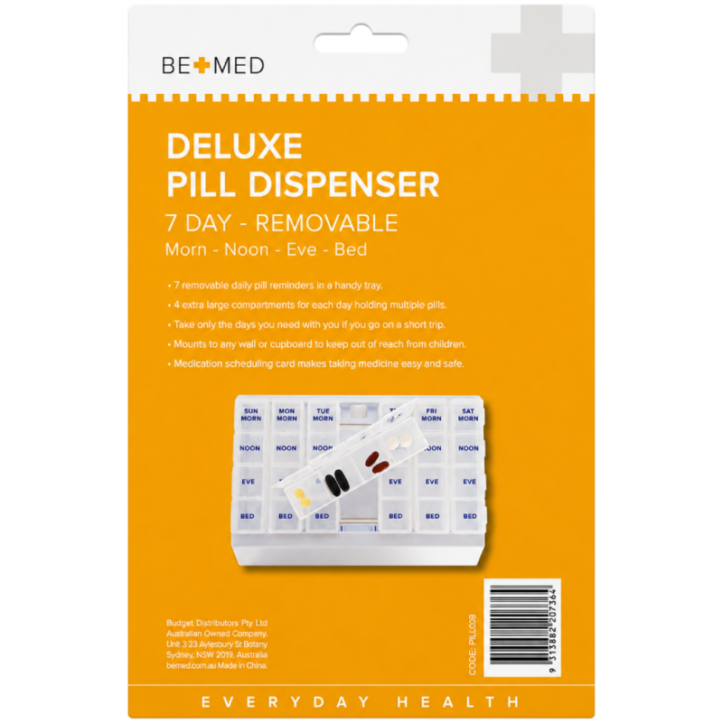 Deluxe Pill Dispenser 7 Day - 4 Doses/Day - 17cm x24cm Removeable - Bemed