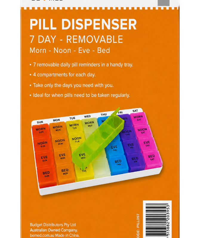 Pill Dispenser 7 Day - 4 Doses/Day - 11.5cm x 18cm - Removable - Bemed