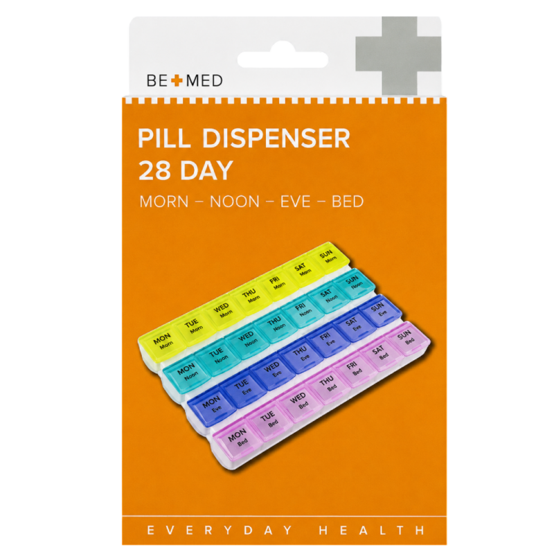 Pill Dispenser 28 Day - 4 Doses/Day - 18.5cm x 12.5cm x 3cm  - Bemed