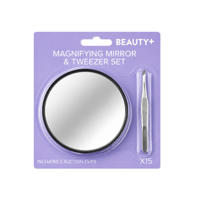 Mirror w/Suction x15 8.8cm diameter w/Tweezer  - Beauty+