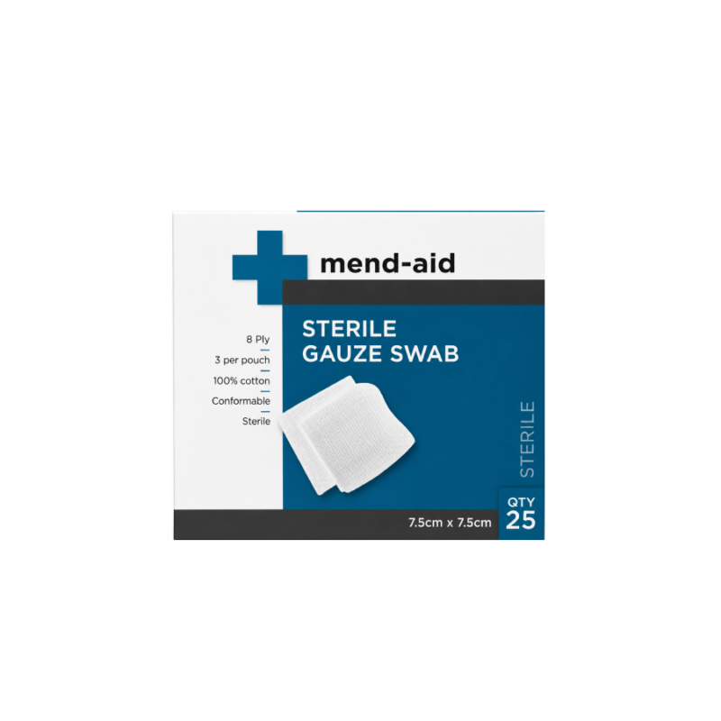Gauze Swab - 8ply Sterile - 7.5cm x 7.5cm - 3 Pcs - Box x 25 - Mend-Aid