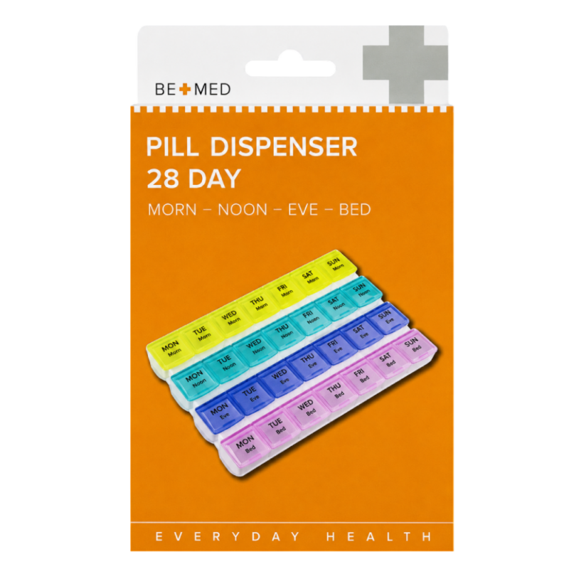 Pill Dispenser 28 Day - 4 Doses/Day - 18.5cm x 12.5cm x 3cm  - Bemed