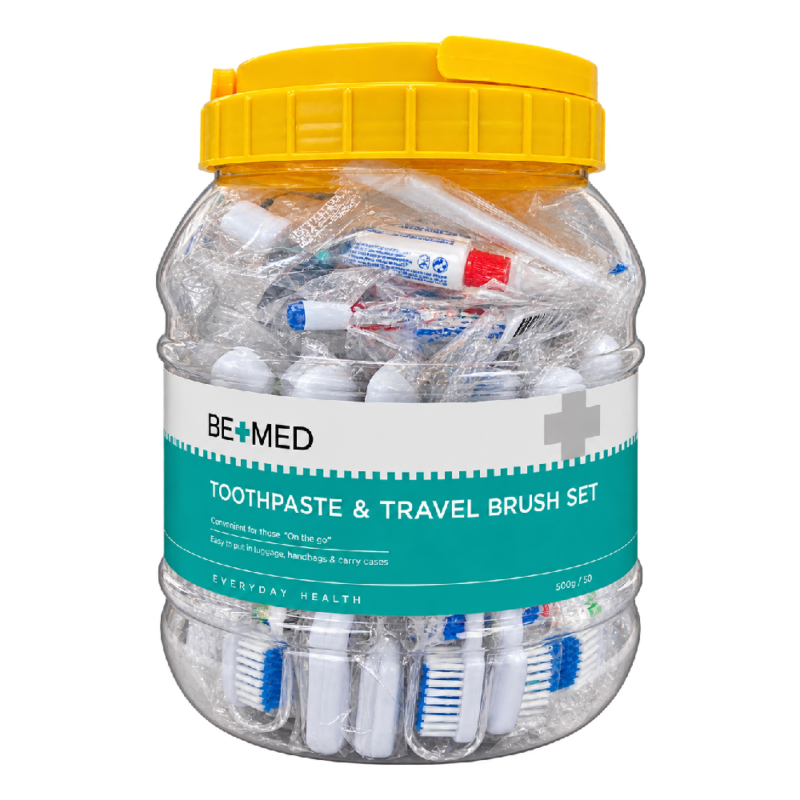Travel Toothbrush + Toothpaste Set - Display Drum x 50 - Bemed