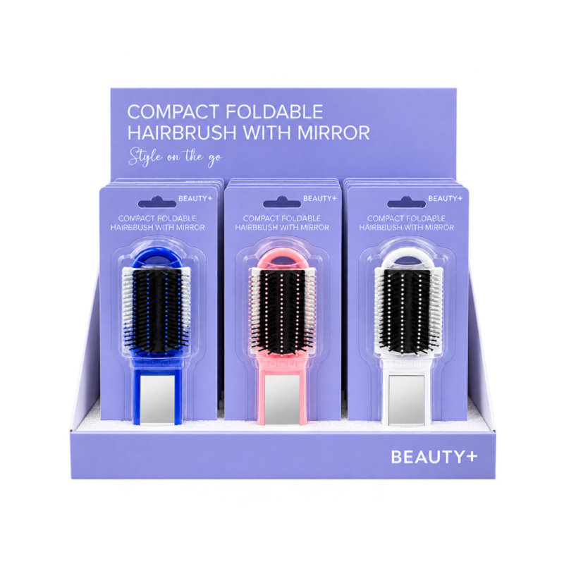 Compact Foldable Hairbrush w/Mirror  - Display x 12 - Beauty+