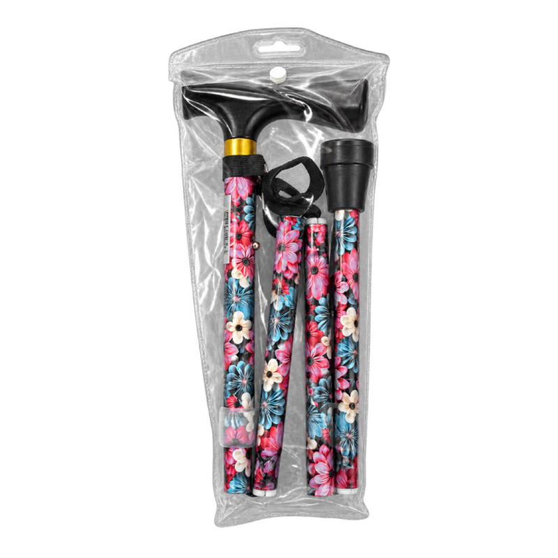 Walking Stick - Folding - Pink & Blue Flowers - 33"- 37"